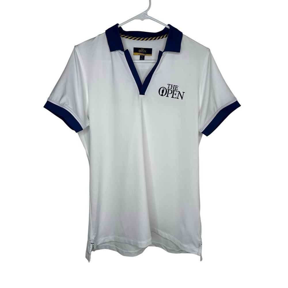 The British Open White Womens V-Neck Golf Polo Shirt L Large Navy Athleisure